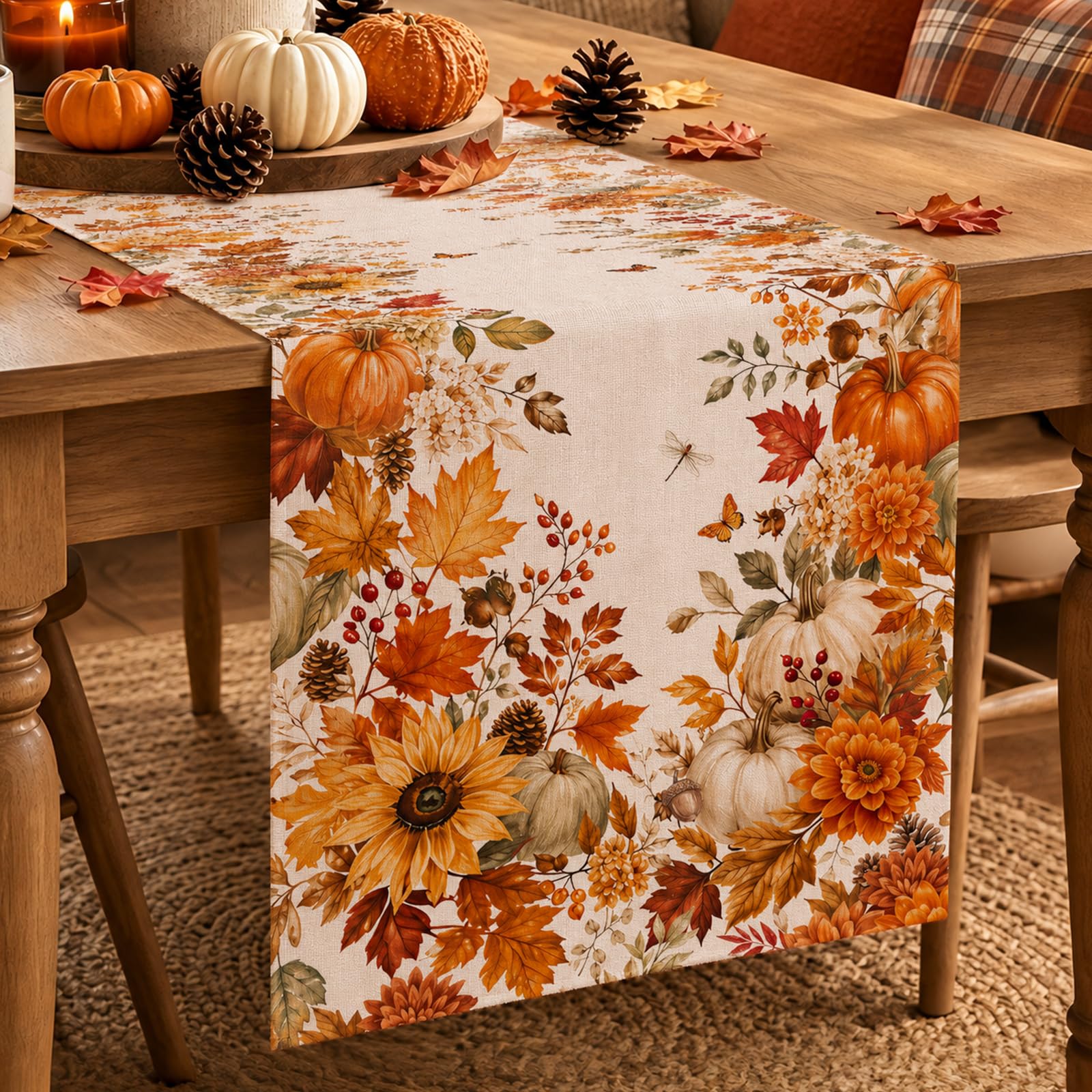 Linen Table Runner - مفرش طاولة بتصميم دوار الشمس واليقطين